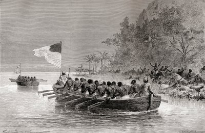 Dr. David Livingstone im ersten Boot, mit der englischen Flagge, und Henry Morton Stanley im zweiten Boot, mit der amerikanischen Flagge, während ihrer Expedition in Afrika im Jahr 1872, Illustration aus 